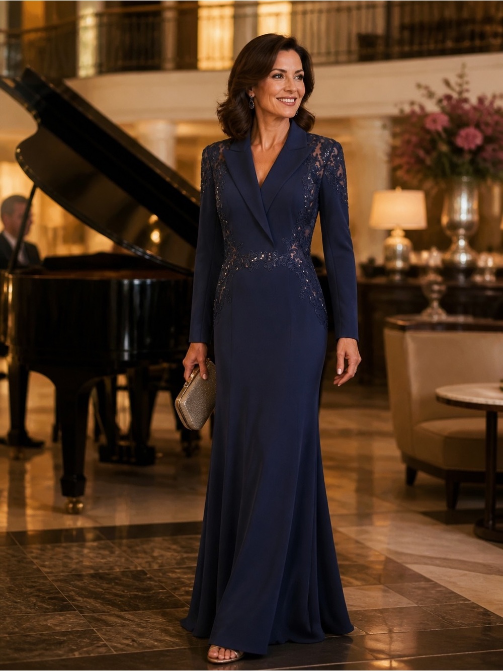 Tadashi Shoji Navy Sequin Embroidered Long Sleeve Gown Size 4